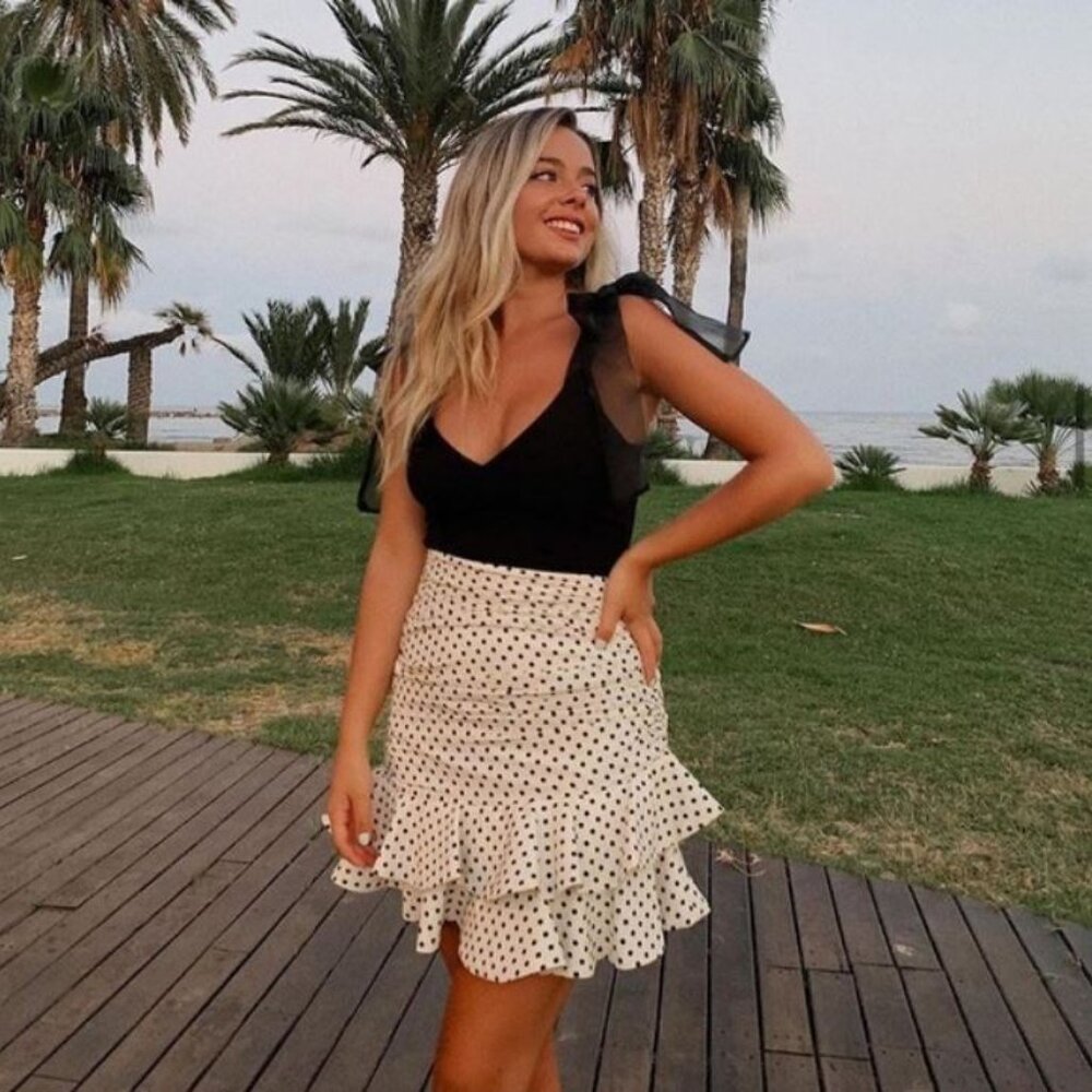 DRAPED RUCHED POLKA DOT SKIRT with RUFFLE HEM - Picture 8 of 10